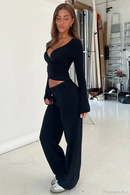 Y2k V-neck Fitted Top Pants Two Piece Set