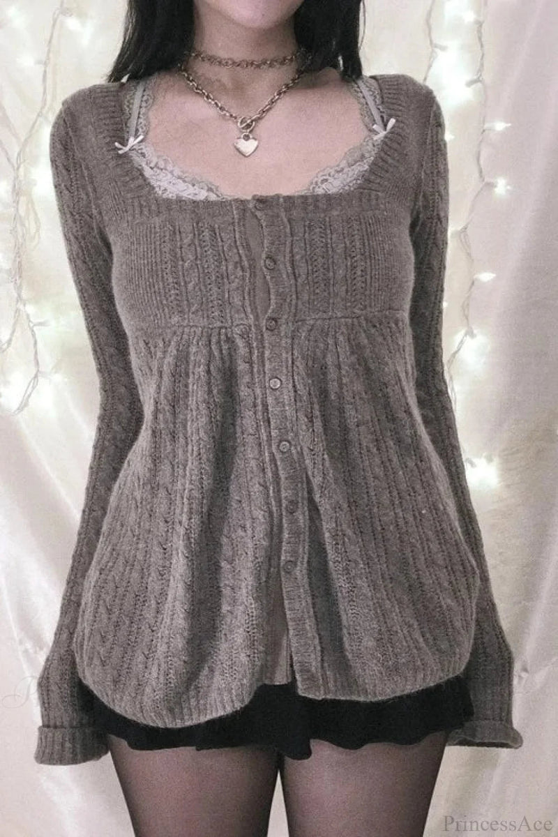 Y2k Sweet Square Neck Cable Knit Button Blouse