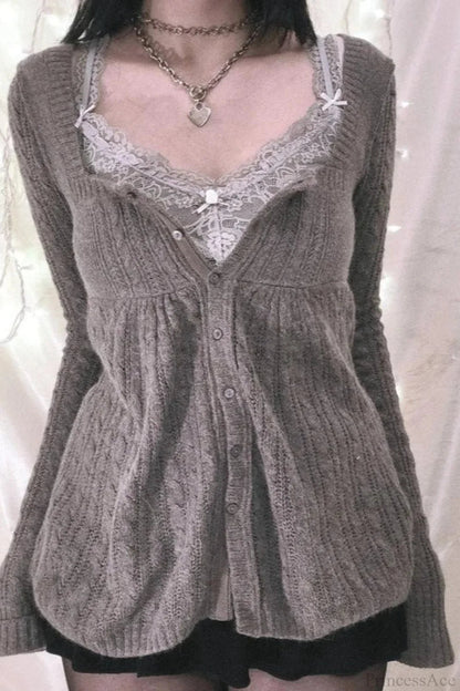 Y2k Sweet Square Neck Cable Knit Button Blouse