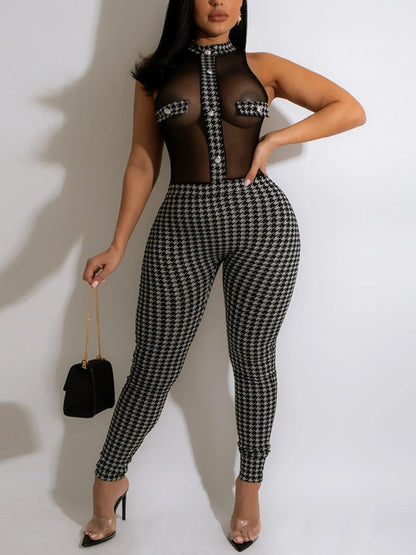 Sxy Houndstooth See Through Jumpsuit At8045