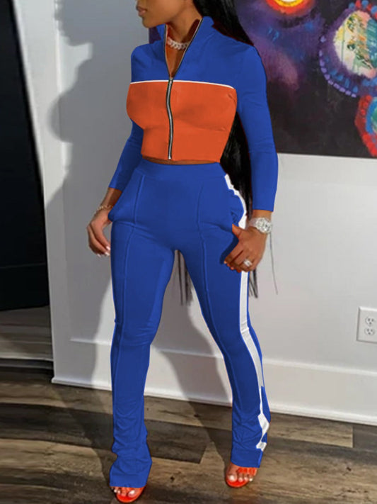 Crop Top Striped Patchwork Flared Pants Set Ac2066