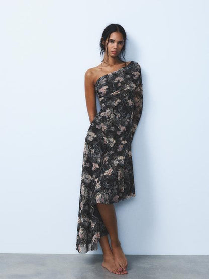 Print One Shoulder Asymmetric Midi Dress