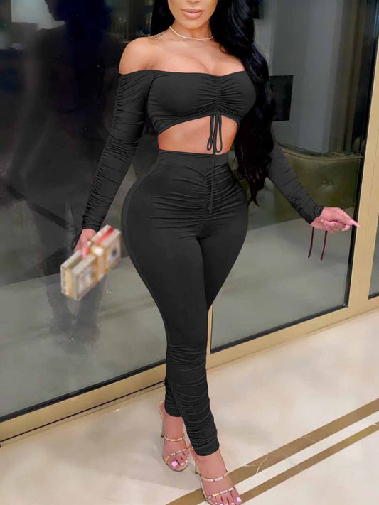 Off the Shoulder Ruched Drawstring Pants Set At8048