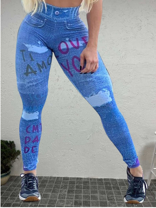High Waist Letter Print Ripped Skinny Pants At9017