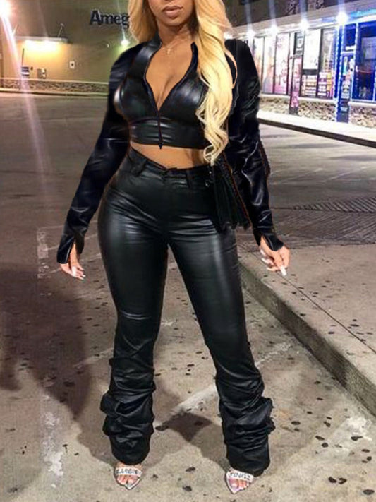 Faux Leather Crop Top Stacked Pants Set Bo1123