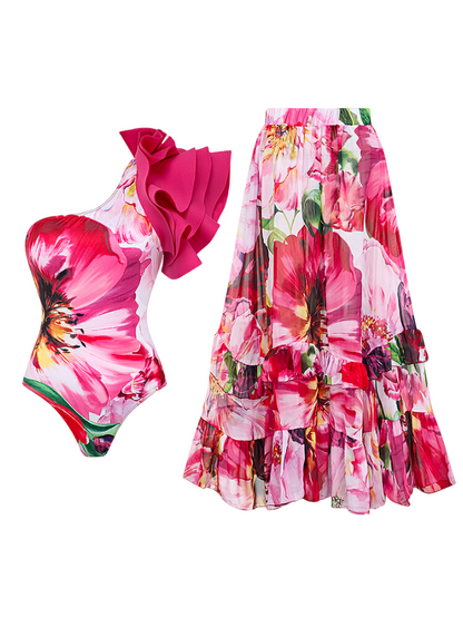 Ruffle V Neck Flower Printed One Piece Swimsuit and Skirt