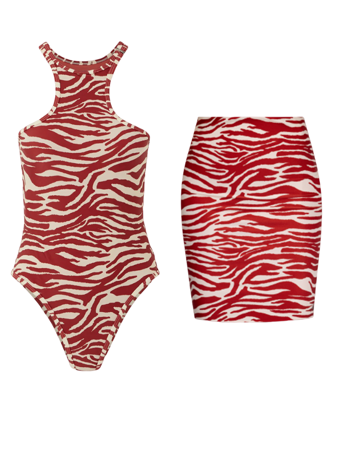 Red Printed One Piece Swimsuit and Skirt