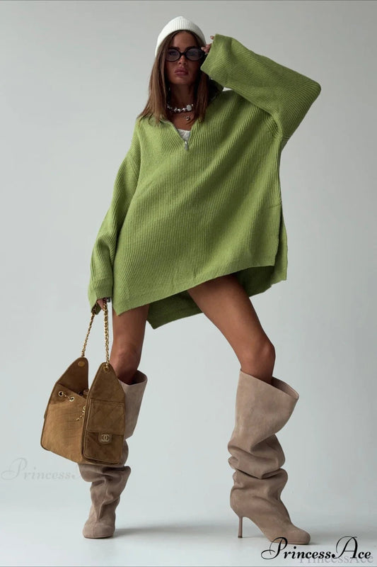 Zip Stand-collar Thickened Color Loose Sweater