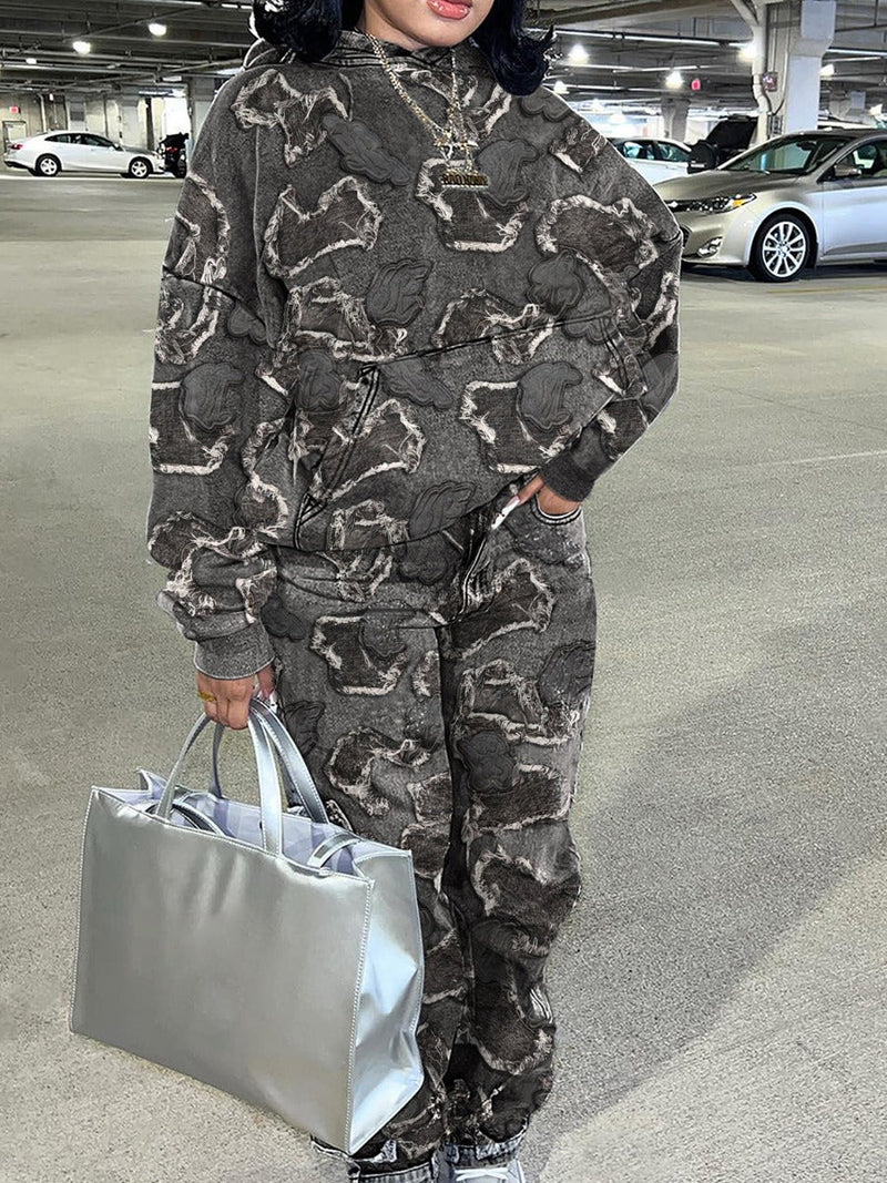Camo Print Kangaroo Pocket Pants Set Bo3016